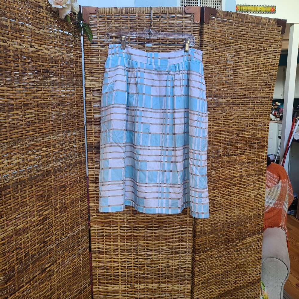 Pendleton Silk Cotton Blend Skirt Knee Length Lined SZ 8 Blue White Taupe Pleat